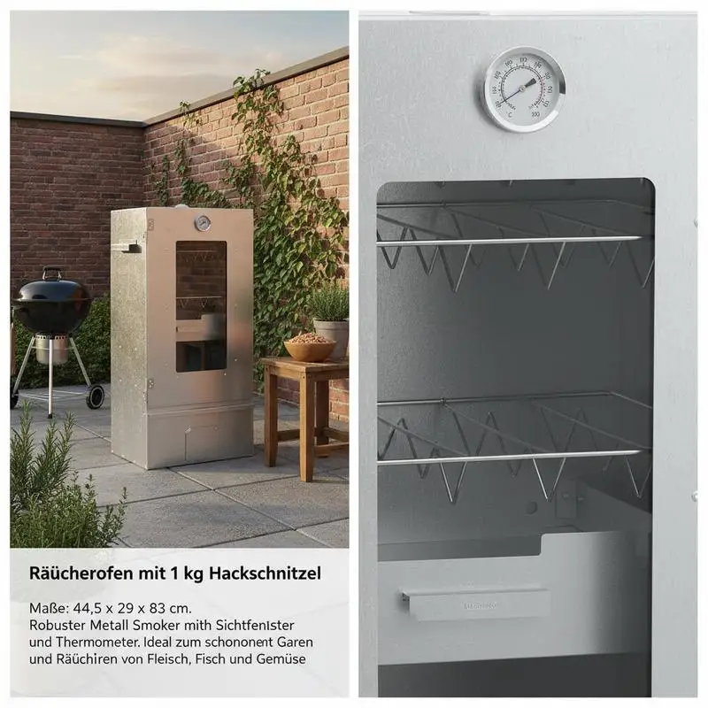 Räucherofen 44,5 x 29 x 83 cm inklusive 1 kg Räucherspäne, Räucherschrank für Fleisch, Fisch, Käse, Wurst und Schinken, Vertikaler Smoker für Garten, Terrasse, Outdoor-Küche, BBQ, Hobby-Räucherer,