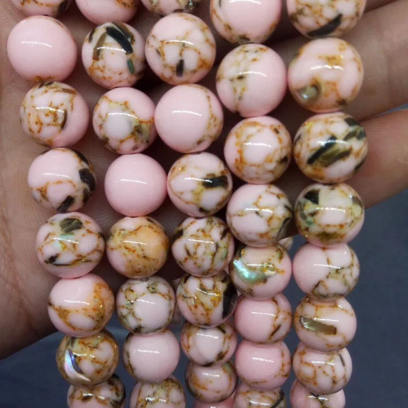 Light Pink Shell Turquoise Loose Beads Natural Gemstone Smooth Round Bead for Jewelry Making Charms Bracelets