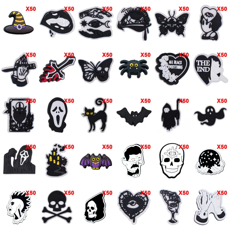 Bulk Pins for Crocs Charms Shoes Accessories Black Halloween Decoration Jeans Women Sandals Buckle Kids Favors Men Badges