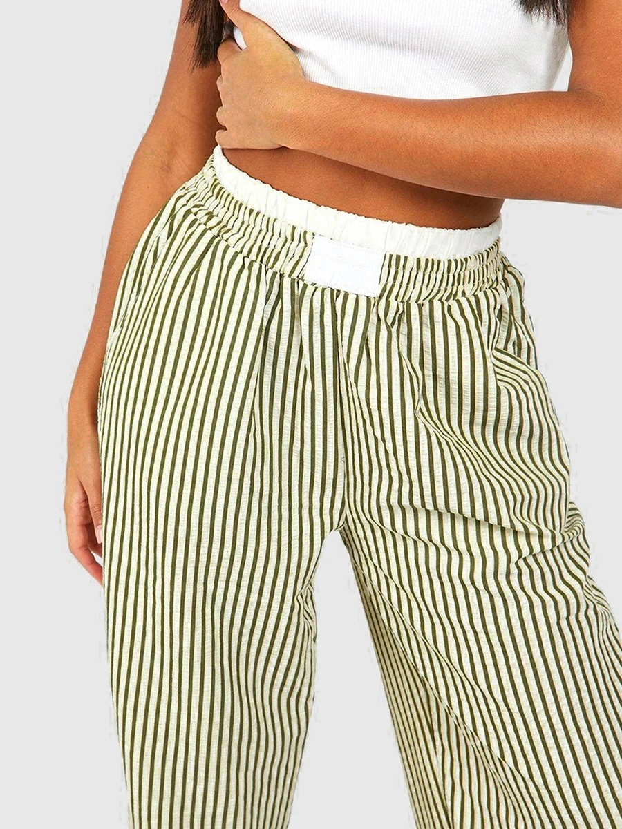 Fashion Women Y2k Stripes Lounge Pants Elastic Waist Straight Wide Leg Trousers Casual Loose Fit Bottoms Going Out Pants