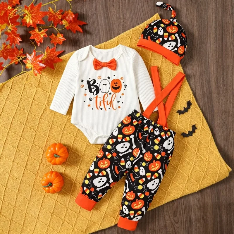 Newborn Infant Baby Boys Girls Halloween Outfit White Long Sleeve Suspender Romper with Orange Pants Hat Bow Costume 0 24M
