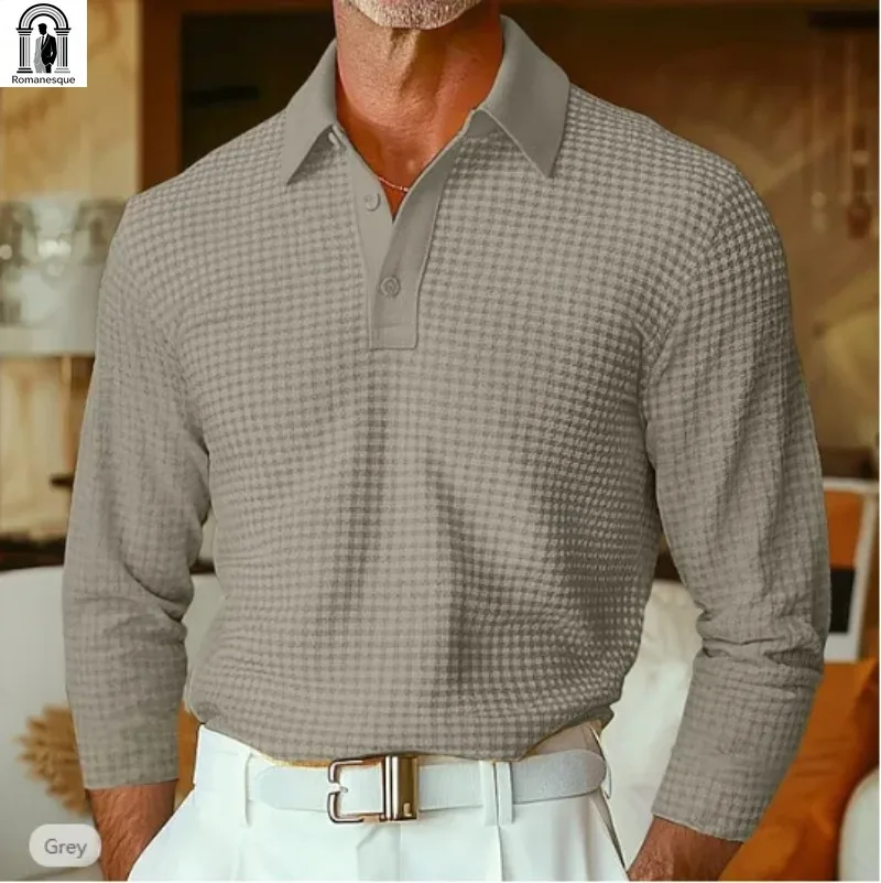 Men's Casual Textured Polo Shirt, Long Sleeve Solid Color Knit Top, Slim Fit Breathable Pullover for Autumn Streetwear