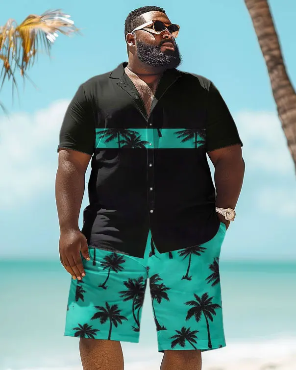 Biggmans Shirt Plus Size Set L-9Xl for Summer Beach Clothing Oversize Hawaii Suit Men's Tropical Leaf Print Large 7XL 8XL