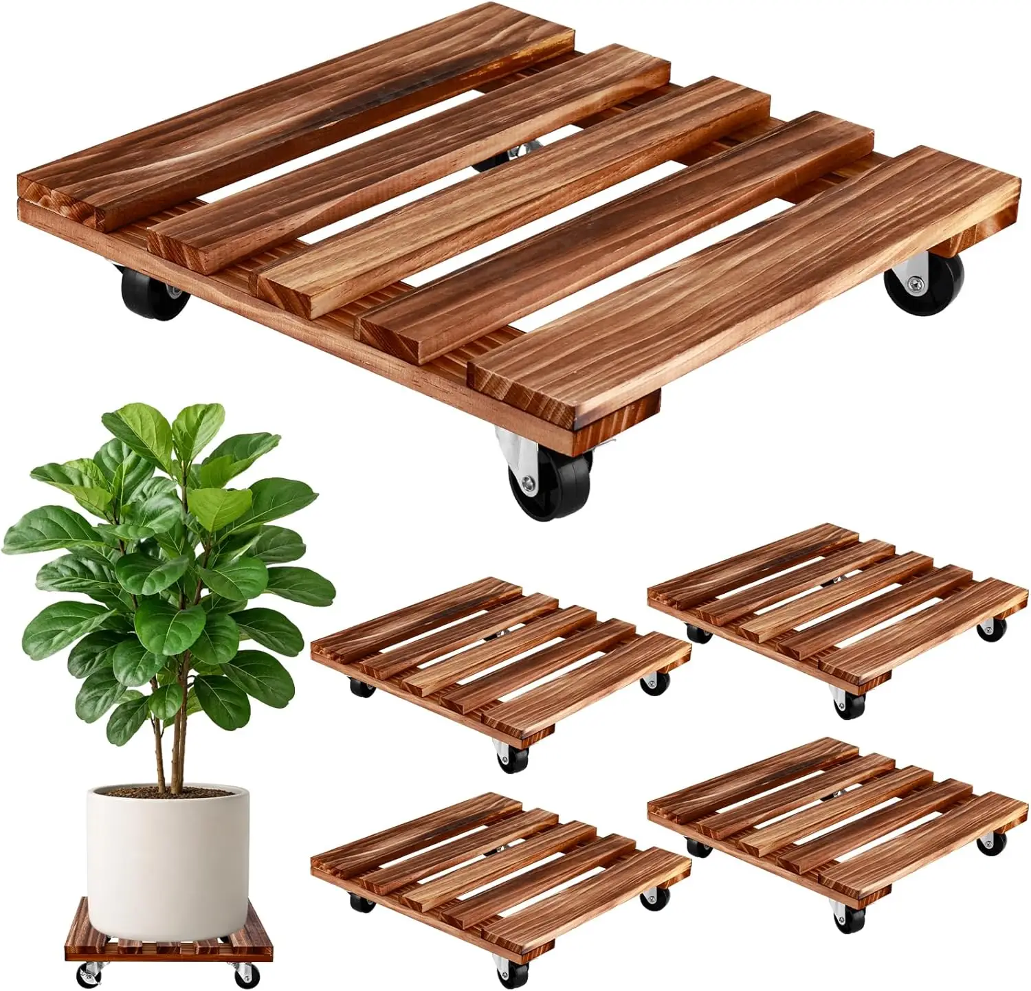 1PCS Square Wooden Plant Caddy with Wheels Heavy Duty Rolling Plant Stand Rolling Planter Base Indoor Outdoor Large Flower Pots