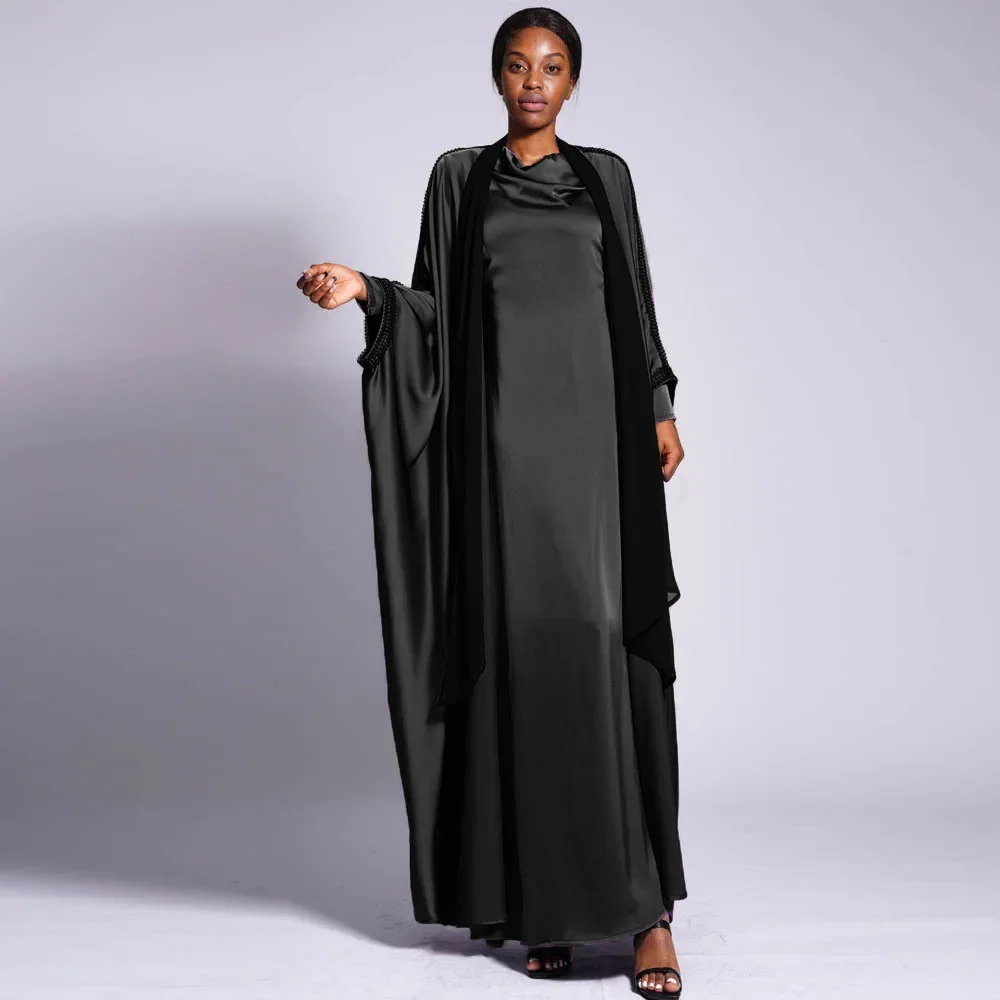 

2pcs Muslim Women Satin Kimono Open Abayas Maxi Dress Set Islam Clothing Dubai Turkey Kaftan Robe Caftan Gown Djellaba Jalabiya