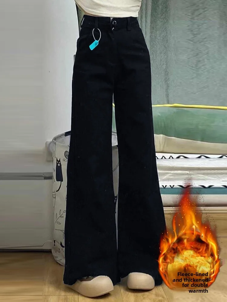

plus Size Fleece Lined High Waist Wide Leg Jeans Women's Casual Cotton Stretch Denim Bootcut Pants Autumn Winter Slimming Drapey