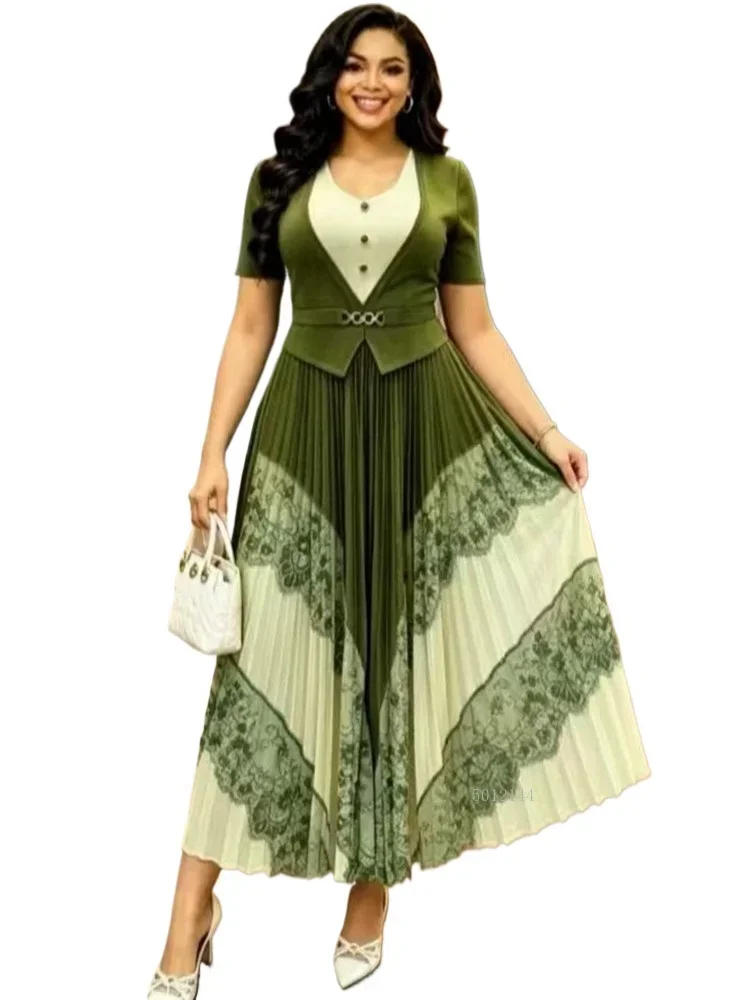 Elegant Summer Short Sleeve Dashiki Pleated Maxi Dress Ladies Traditional Africa Clothing Fairy Dreaes African Dresses For Women