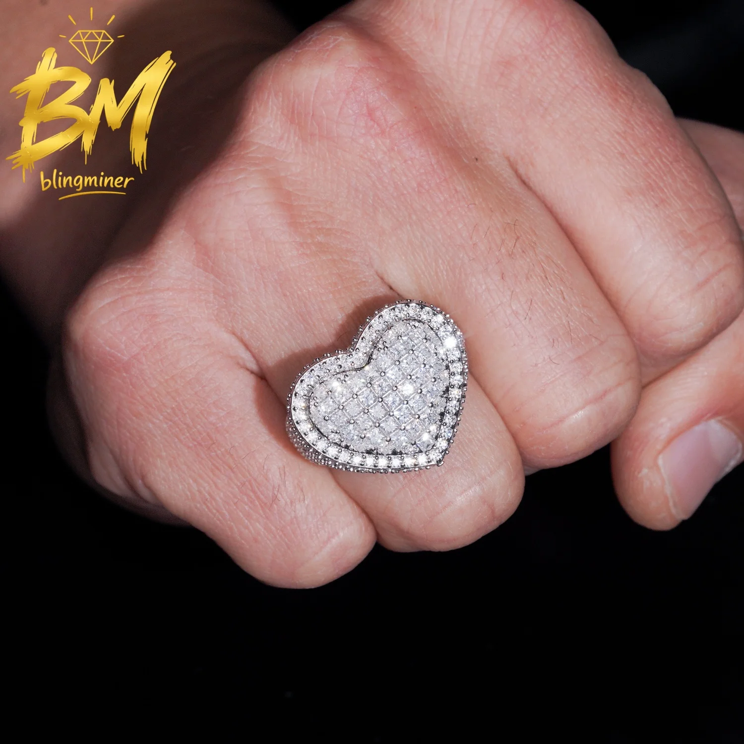 Blingminer Iced Out Heart S925 Silver VVS Moissanite Rings  For Men Women Finger Jewelry Pass Diamonds Tester Free Shipping