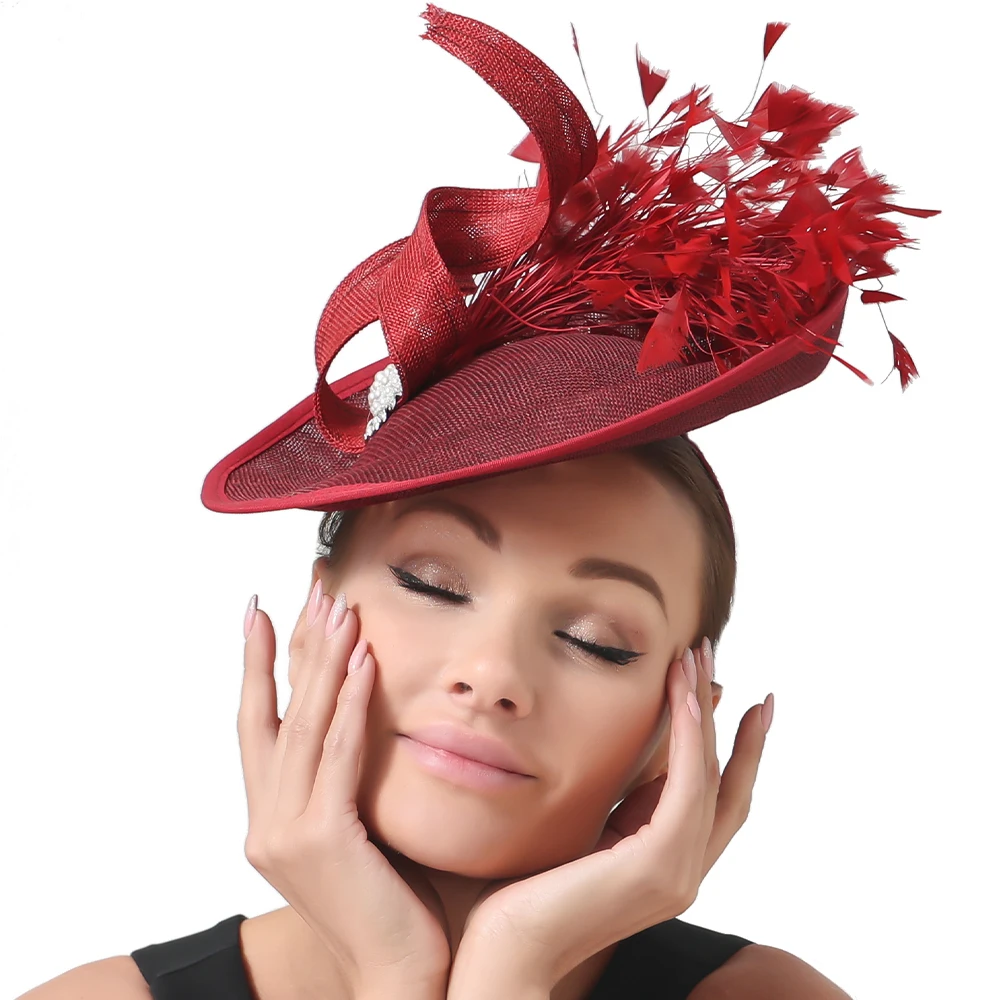 

Imitation Sinamay Wedding Fashion Fascinator Hat Women Lady Cocktail Race Headwear Bride Wedding Hair Accessories With Feather