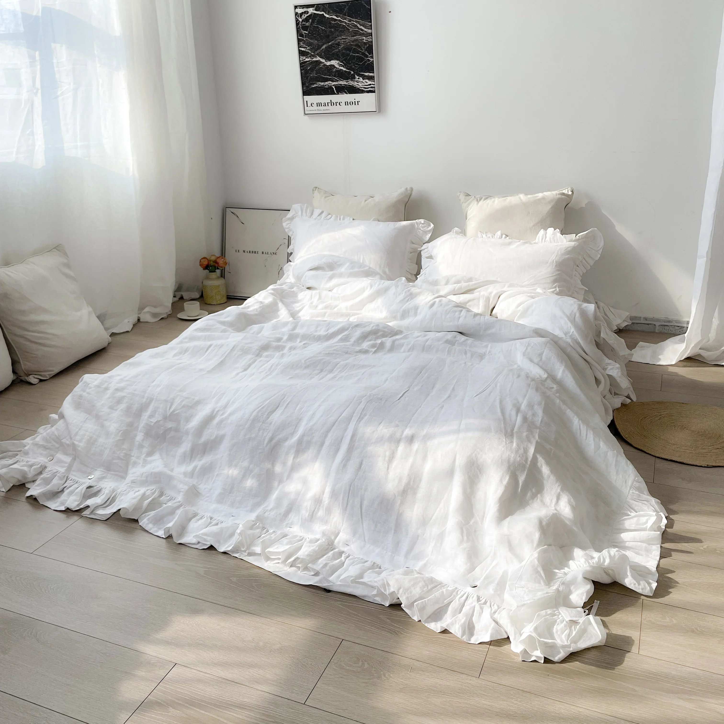 Pure Linen Flounced Duvet Cover Pillow Case Flat Sheet On Sale Separately