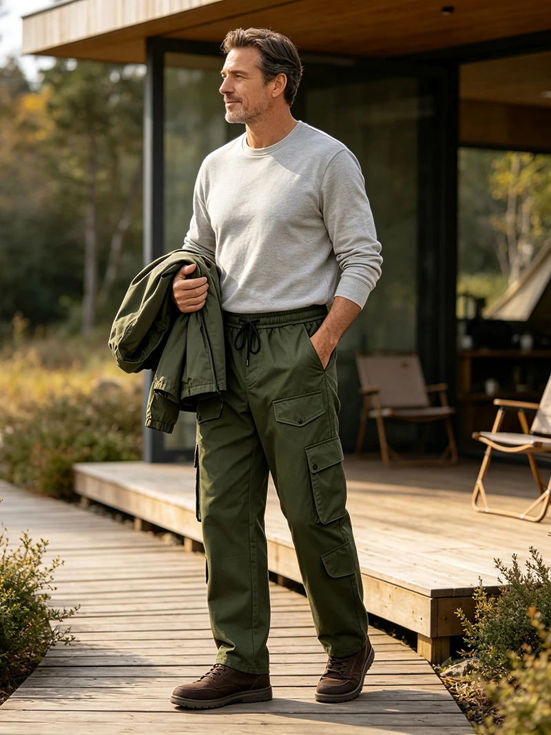 Herren Cargo-Hosen mit elastischem Bund, Kordelzug, mehreren Taschen, normaler Passform, geradem Bein, lässige Frühlings- und Herbst-Outdoor-Streetwear-Hosen – Detail 13