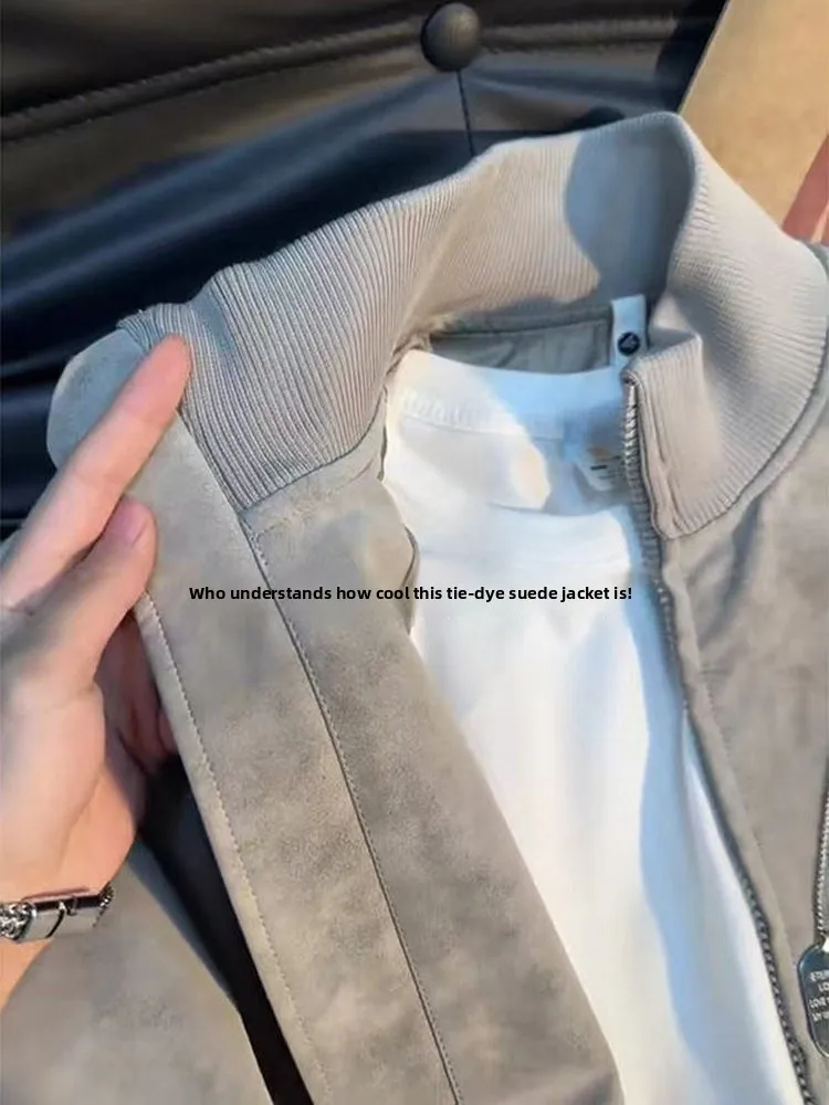 High-End Short Dyed Leather Jacket Men's Style Baseball Cleanfit American Stand Collar Flight Outerwear Autumn Season