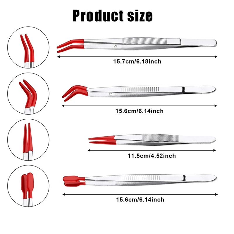 4Pieces Tweezers With Rubber Tips Tweezers PVC Coated Tweezers Set, Rubber Straight/Flat Tip Tweezer Bent Tweezers