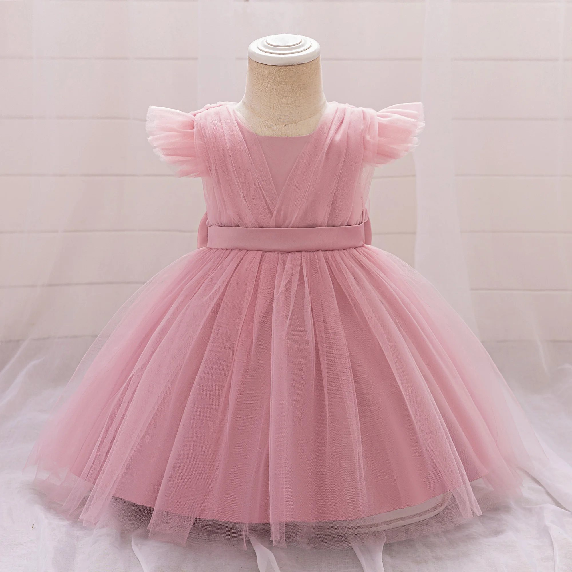 Toddler Bow Girls Party Dress Halloween Prom Gown Girl Fly Sleeves 1st Birthday Wedding Princess Dresses Kids Clothing 1-4 Years