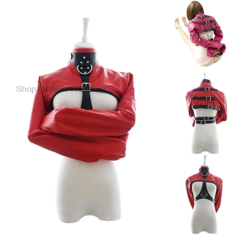 

Women Black Red Sexy Open Breast Cupless Leather Bondage Strait Jacket Top Women's Restraint Straight Jacket Halloween Costume