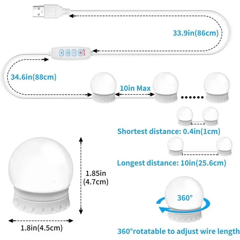 【SIMPLE】Para escritorio de maquillaje, baño, luz LED para espejo de tocador con 12 bombillas de palo regulables, ajuste de 10 niveles de brillo