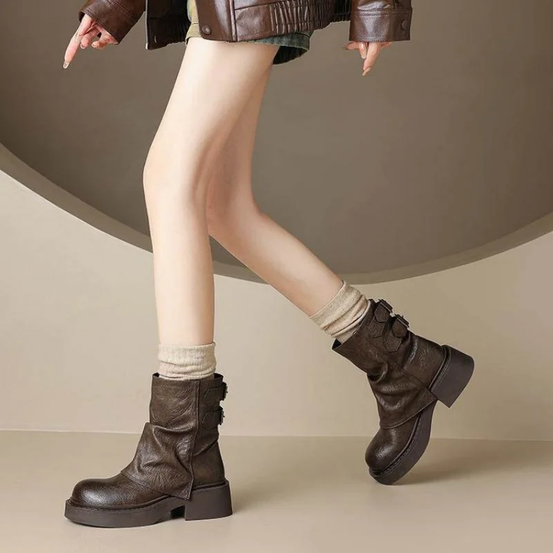 Women's Autumn Winter New Retro Wrinkled Stacked Boots Chunky Heel Ankle Boots Meiladé Style Fashion Versatile Commuter Short Bo