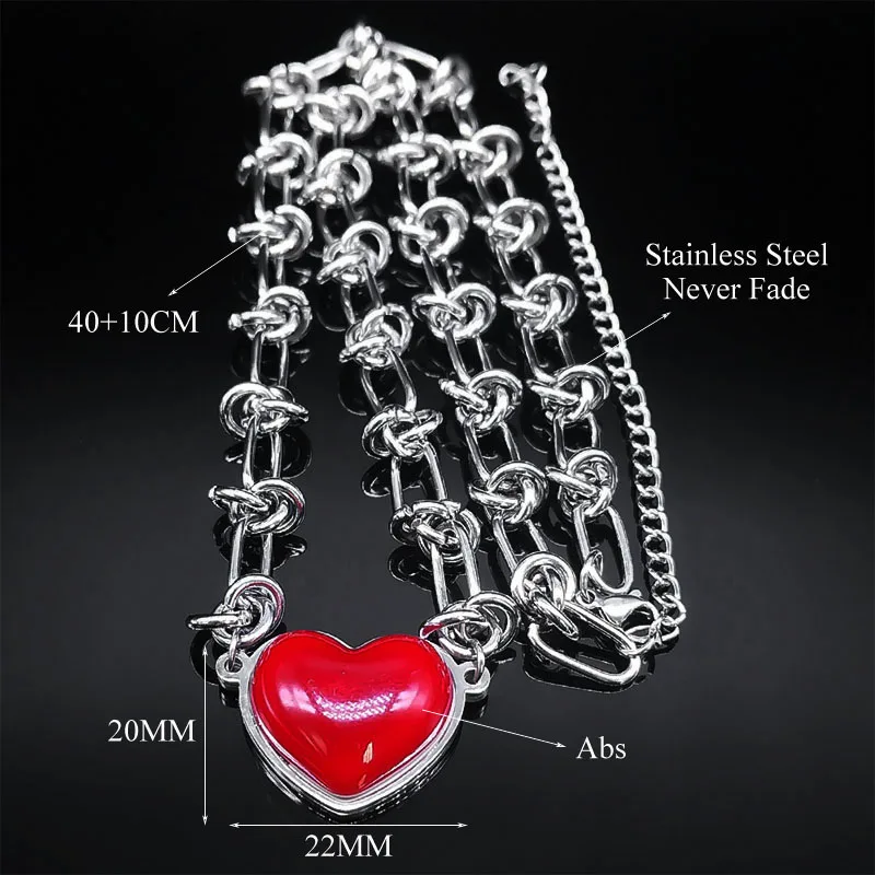 Punk Love Red Heart Pendant Necklace for Women Kpop Stainless Steel Hip Hop Fashion Party Aesthetic Necklace Jewelry Set Gifts