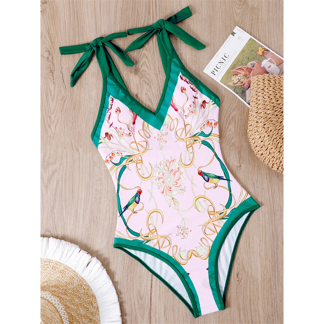 S - XL, einteiliger Badeanzug mit Blumenmuster und geknotetem Rock, Damen-Badebekleidung, Damen-Badeanzug mit Blumenmuster, V-Ausschnitt, Badeanzug, Modell V3965. – Detail 36