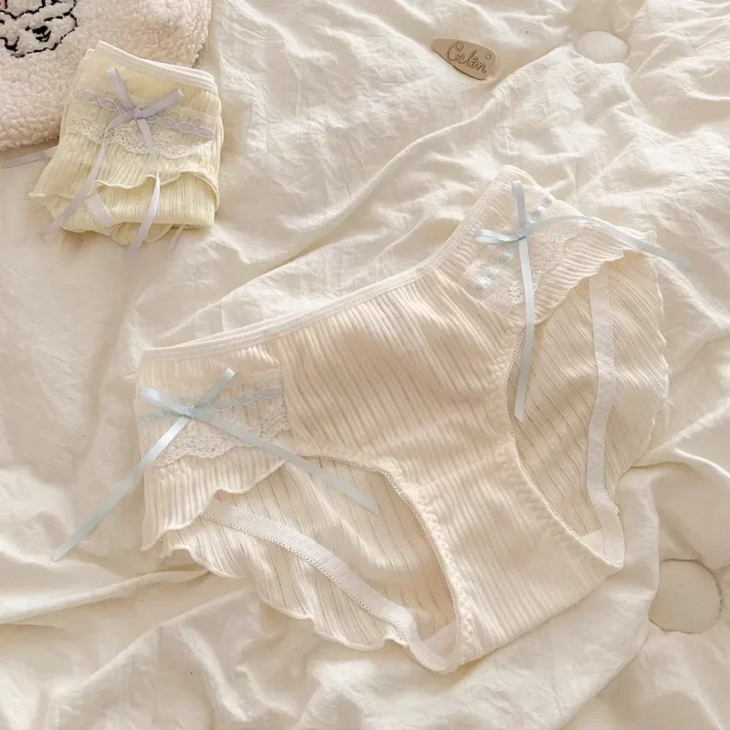 New Japanese-style Simple Pure Cotton Low-waist Girl's Underpants Antibacterial Breathable and Comfortable with Solid Color Bows