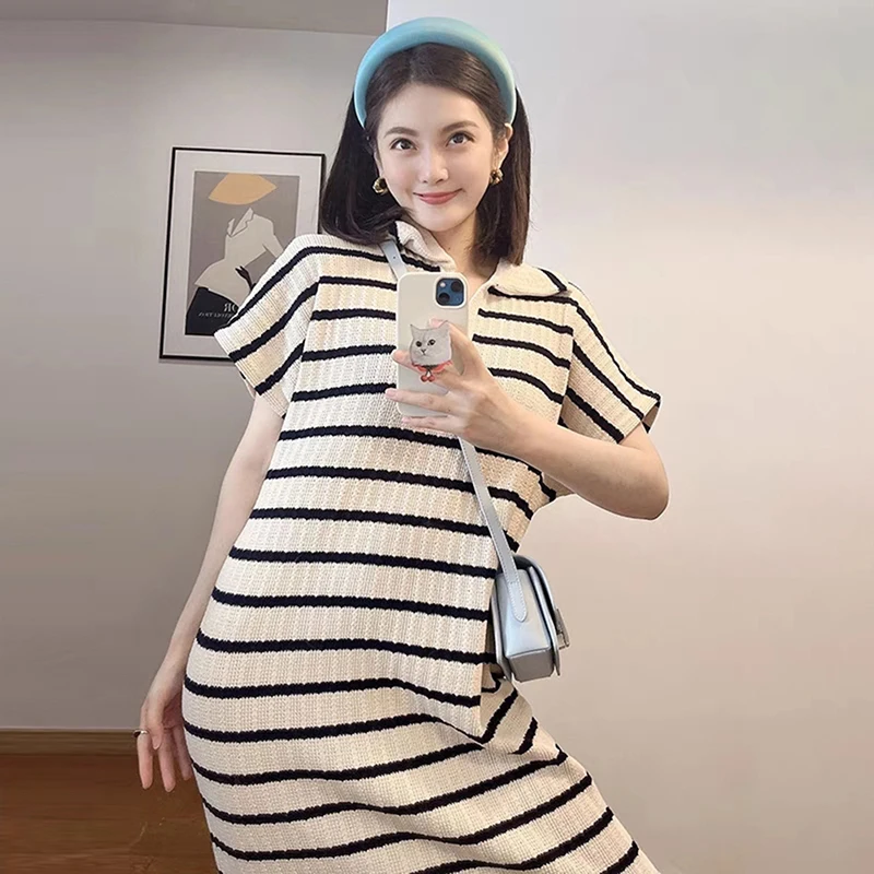 Loose Striped T-shirt V-neck Dress Women Turn-down Collar Long Simple Casual Short Sleeve Dress