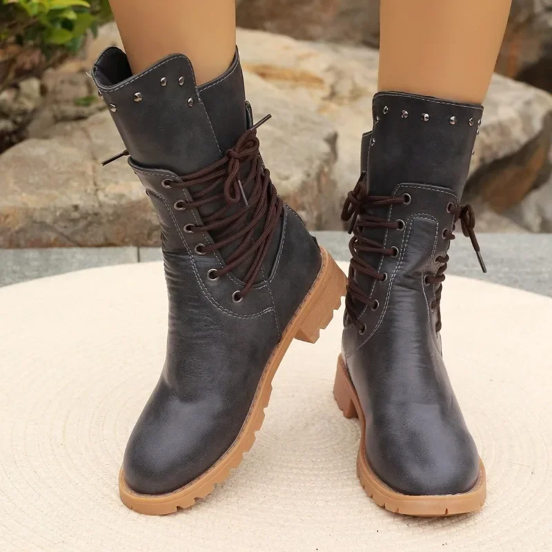 Female Shoes on Sale 2024 High Quality Zipper Women's Boots Winter Round Toe Solid Middle Tube Chunky Heels Large Size Boots