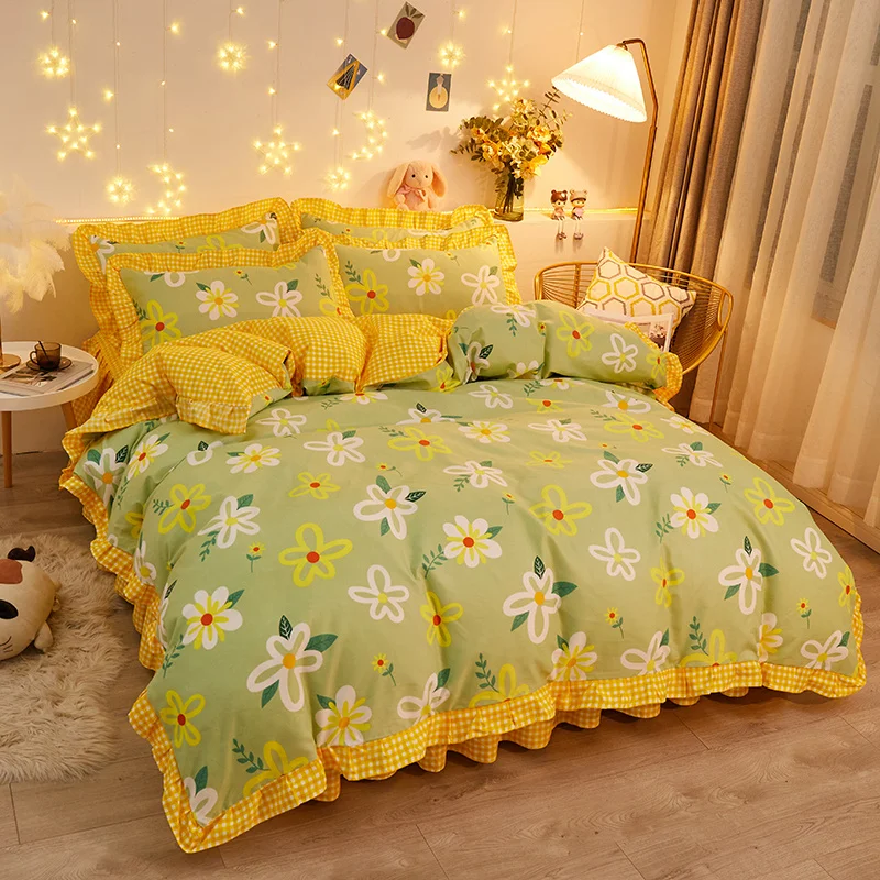 Botanical Floral Duvet Cover with Ruffle Lace Pastoral Style Flowers Comforter Cover 3 Piece Microfiber Reversible Bedding Set