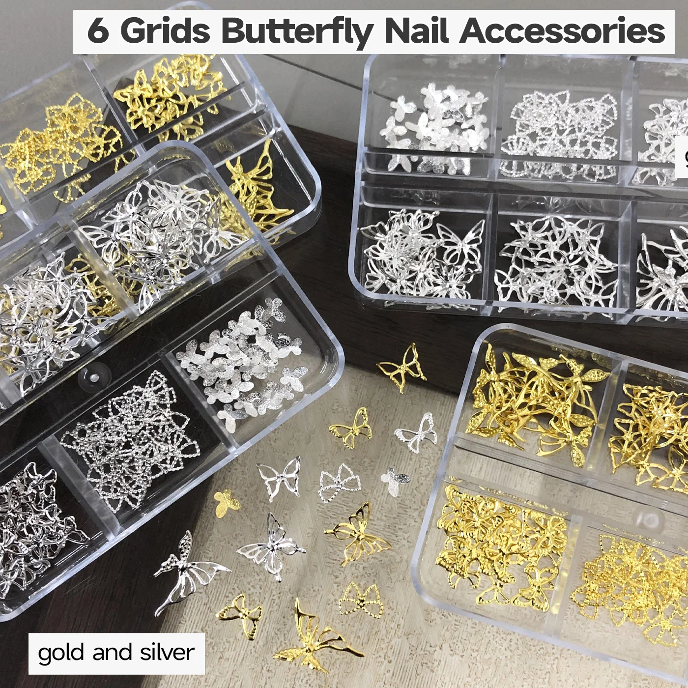6 grilles 3D Rivet papillons Vintage Style européen décors d'ongles or/argent creux papillon Nail Art bricolage scintillant ongles Accents *