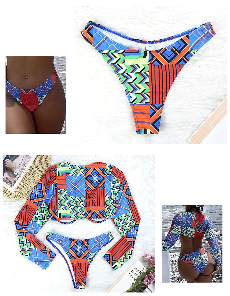 New Sexy Two Piece Swimsuit Swimwear Women Push Up Long Sleeve Print Bathing Suit Beachwear Female Banadores Bikinis 2024 Mujer