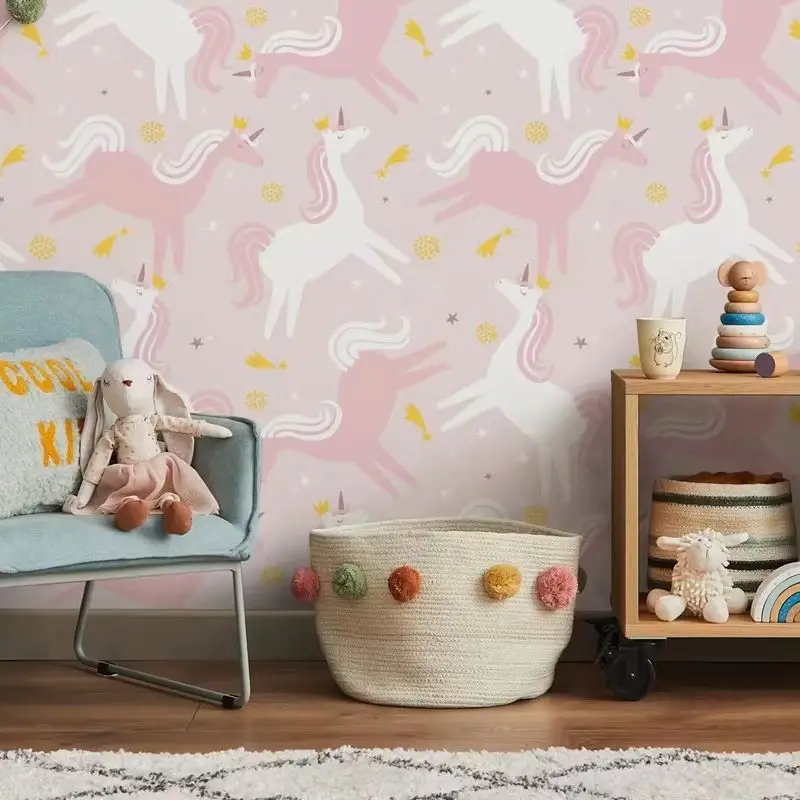 Unicorn Wallpaper Peel and Stick,Pink & White Magical Print Wall Mural, Whimsical Nursery Home Decor,Self-adhesive /Traditional