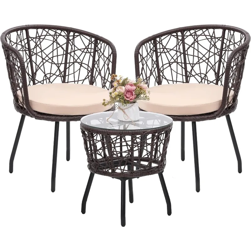 

Kromax Boho 3Piece Bistro Set, Modern Outdoor Wicker Patio Furniture with Tempered Glass Table Top and 2Chairs,Washable Cushions