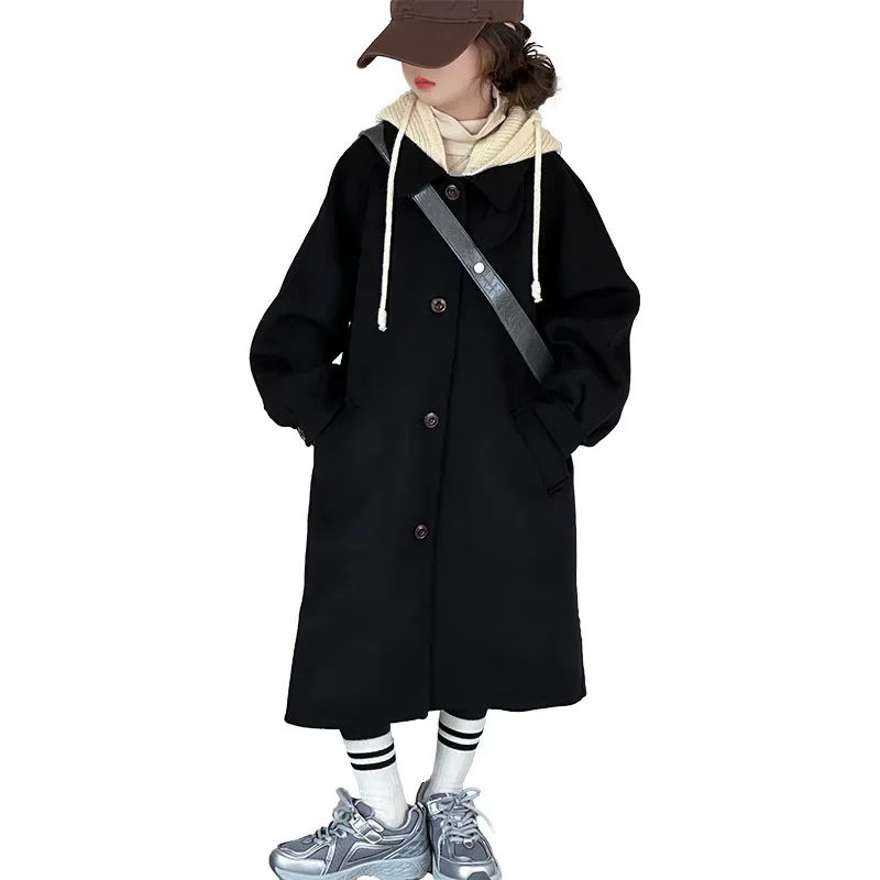 Girls' autumn  winter coat Long woolen coat  medium large children parent-child single breasted Korean version long sleeve coat