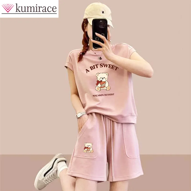 

Large Casual Sports Set Summer New Pink Fashion Print Cover Versatile Short Sleeved Shorts Two-piece Set Juicy Corture Tracksuit