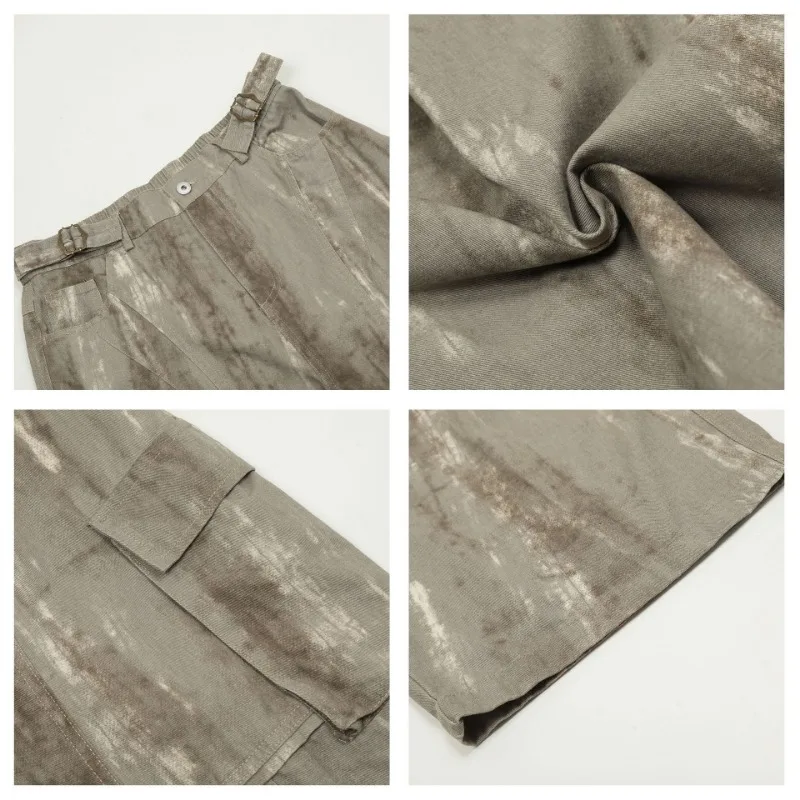 OR FL Retro Tie Dye 100 Cotton Women Staraight Cargo Trousers Advanced Aging Adjustable The Waist Wide Leg Floor Length Pants