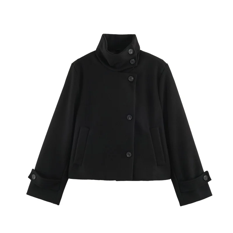 Women's Stand Collar Long Sleeve Short Jacket Button up Casual Coat Warm Versatile Outerwear for Autumn Winter Females