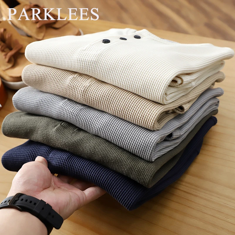 

Parklees Classic Waffle Henley T Shirt for Men Cotton Long Sleeve Solid Color Basic Tees 2022 Autumn New Crew Neck Pullover Tops