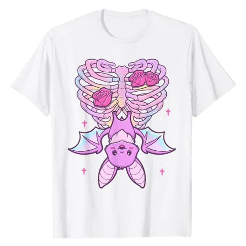 Kawaii Pastel Goth Cute Creepy Bat Skeleton T-Shirt Anime Vaporwave Aesthetic Clothes Graphic Tee Tops Halloween Costume Gifts