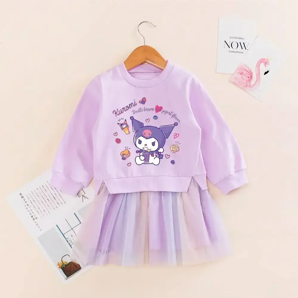 

Children Y2k Dress Spring Autumn Kawaii Sanrio Ins Baby Gauze Dress My Melody Cute Kuromi Long Sleeve Hooded Skirt Kids Gifts