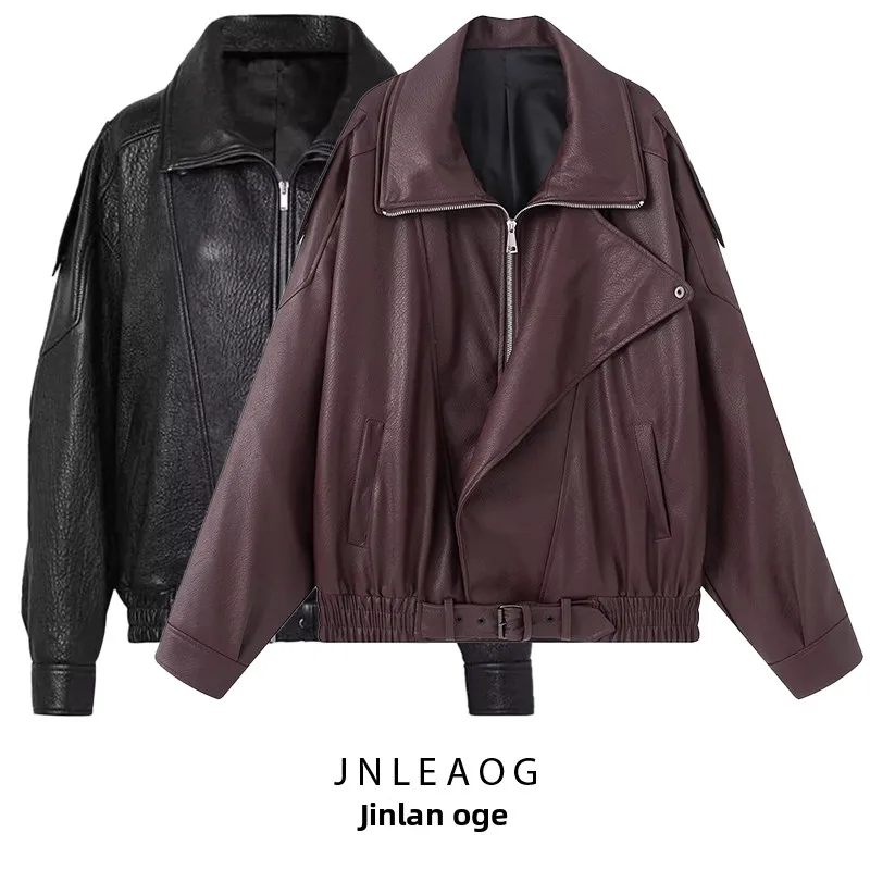 JNLEAOG Damen Faionable Loose Leder Jaet Herbst New Sle Vielseitiges Design Polyesterfaser Long Sve Reißverschluss