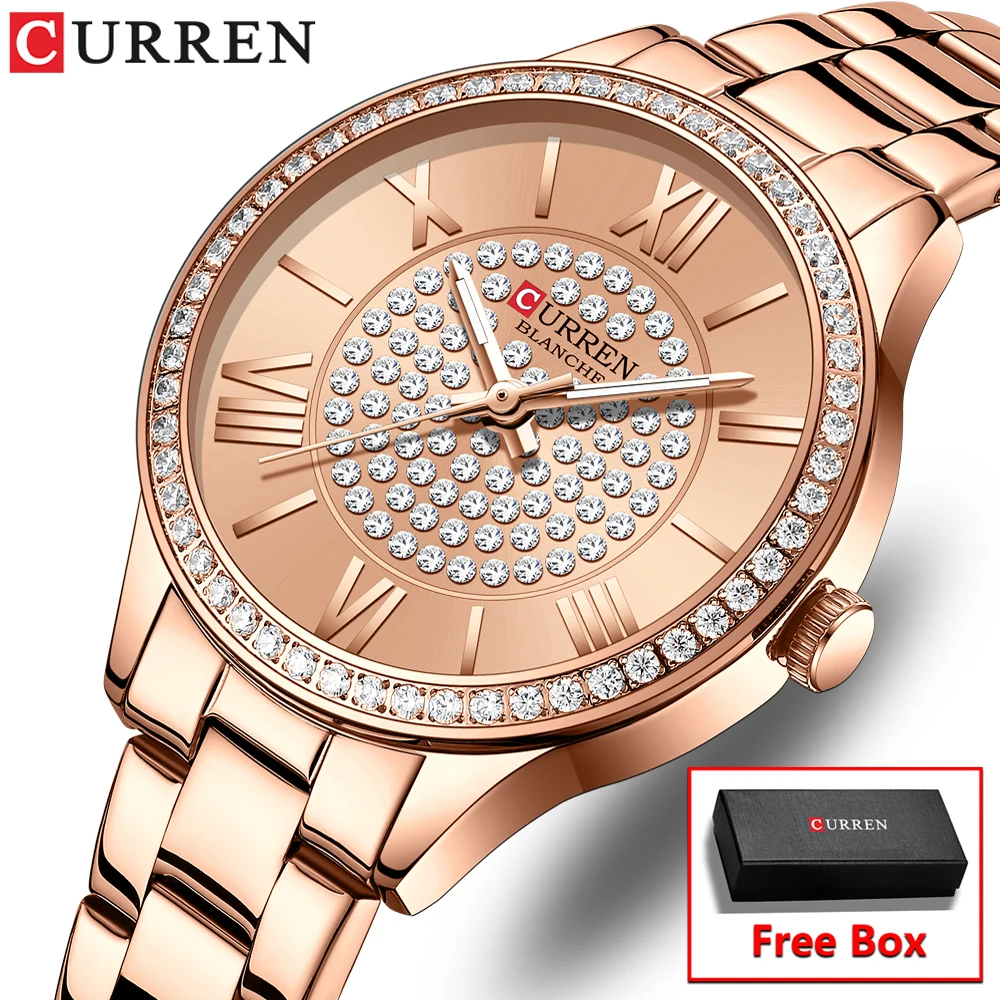 CURREN Elegant Women's Watch: Rose Gold Timepiece Adorned with Sparkling Crystals for Timeless Style+Box