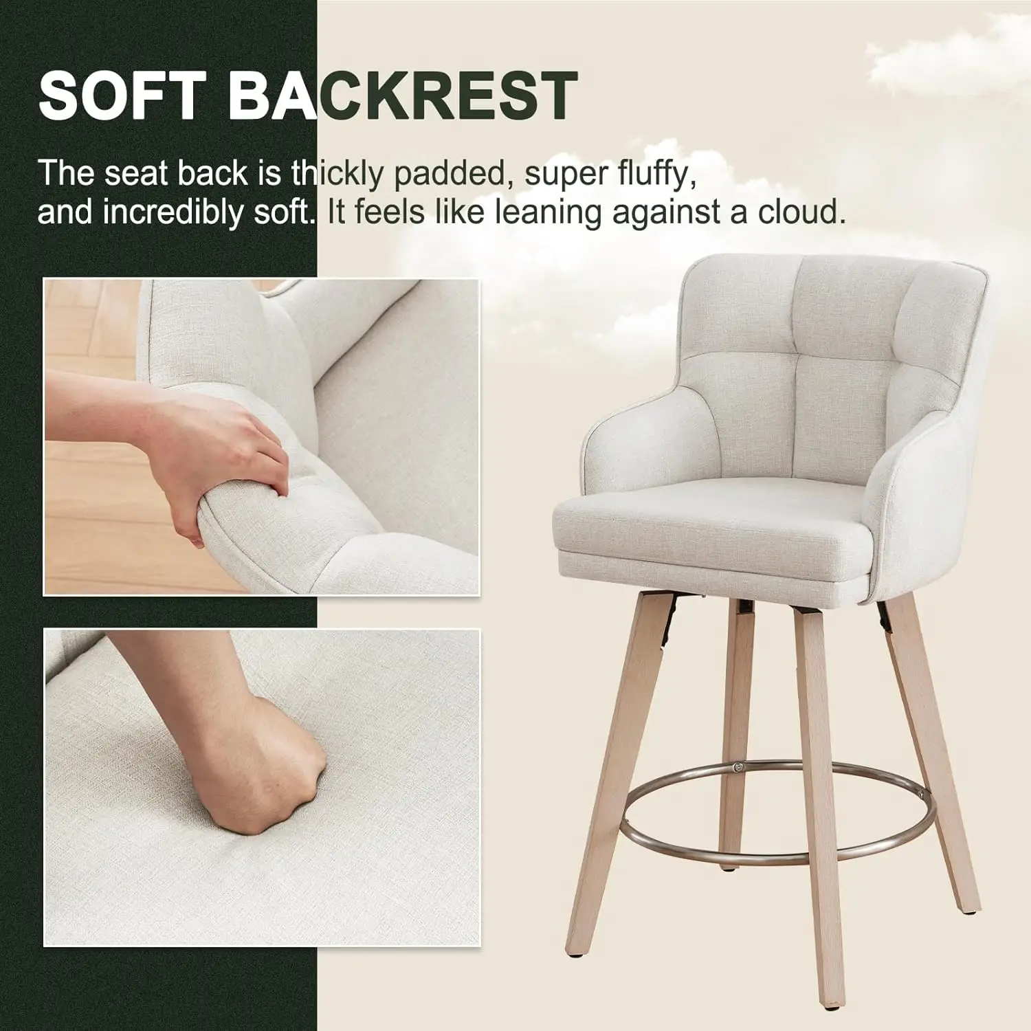 360 °   Krzesła barowe obrotowe z oparciem, nogi z litego drewna 26 cali, nowoczesne krzesła do wyspy kuchennej, beżowa tkanina (zestaw 2 szt.)