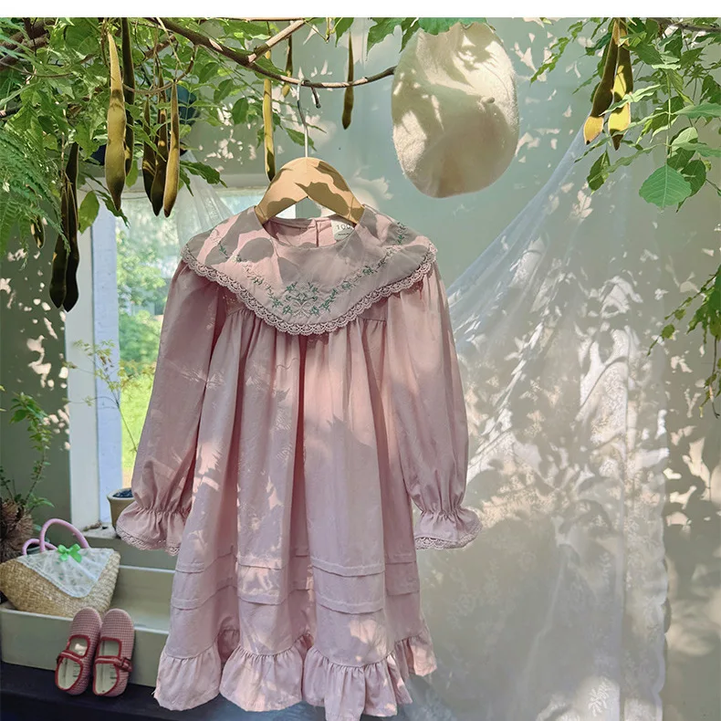 

French Vintage Floral Embroidery Girls Dress Doll Collar Long Sleeve Autumn Outfit Children's Skirt Elegant Toddler Girls Dress