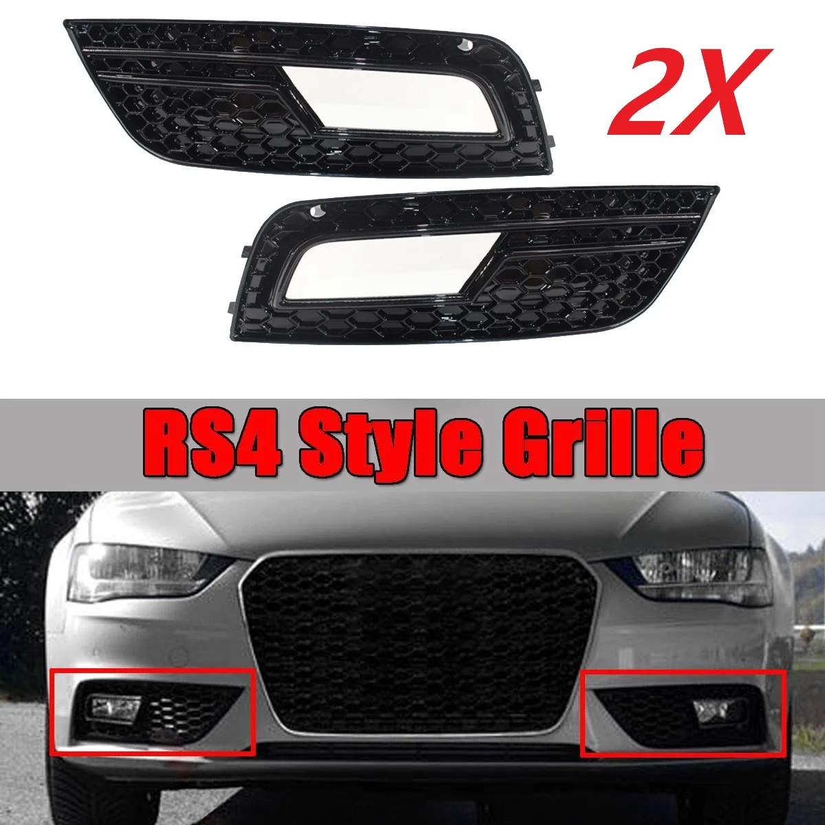 Front Bumper Honeycomb Grill Fog Light Cover for 2013-2016 Audi A4 B8.5 S-Line S4 Black 8K0807681 8K0807682 -A74F