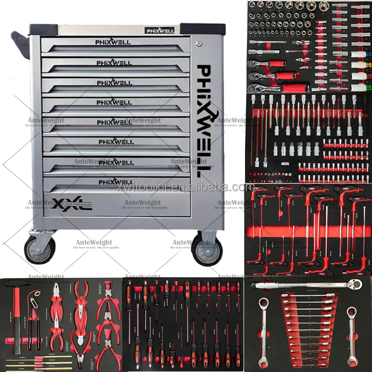 Metal Workshop Garage Trolley Tool Cabinet Chest Cart 8 Drawers with Tool Set Kit DIY Tray Stainless Steel Top