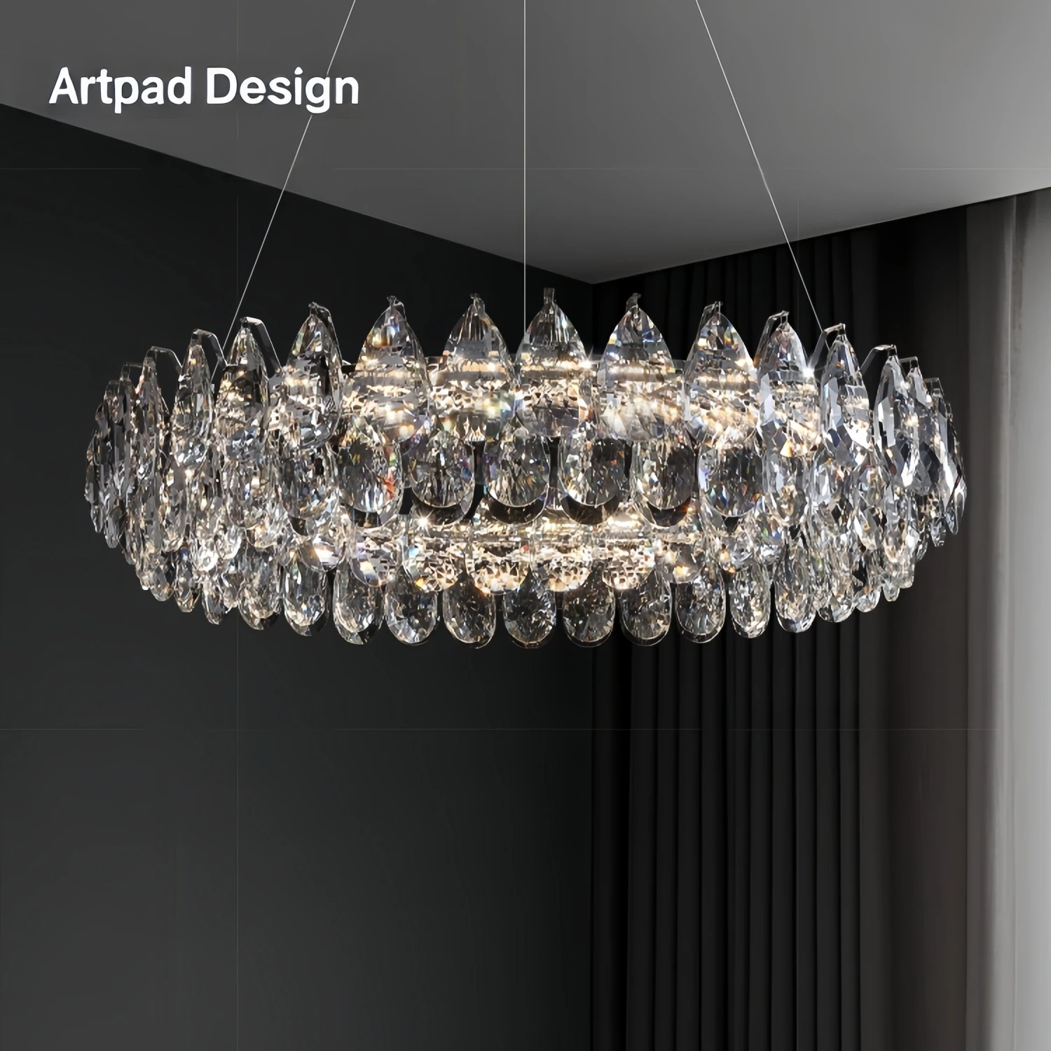 

Chrome Luxury Crystal Chandelier for Living Dining Room Hotel Art High-end Villa Bar Decor Round Long Pendant Light Fixture