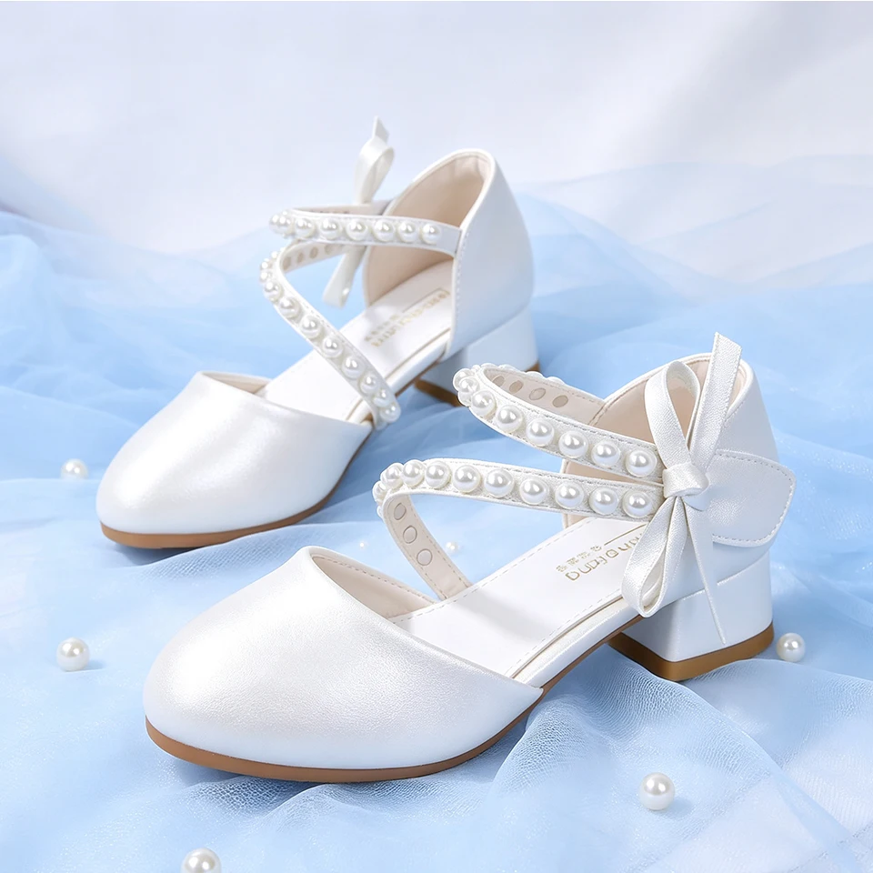 Gorgeous Girls High Heels Mary Jane Leather Shoes with Pearl Beaded Formal Kids Wedding Pageant Bridesmaid Communion Graduation