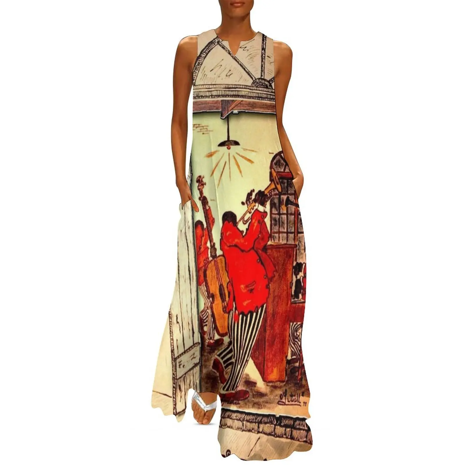 

NEW ORLEANS: Vintage Mardi Gras Jazz Advertising Print Long Dress dress summer 2024 women Long veiled dresses