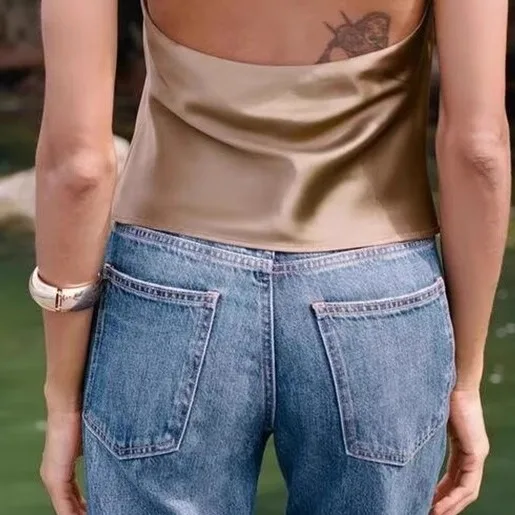 Estate New Sle da donna in raso di seta con colletto appeso Top Quali Feel Commute Sle vestibilità ampia in fibra di poliestere