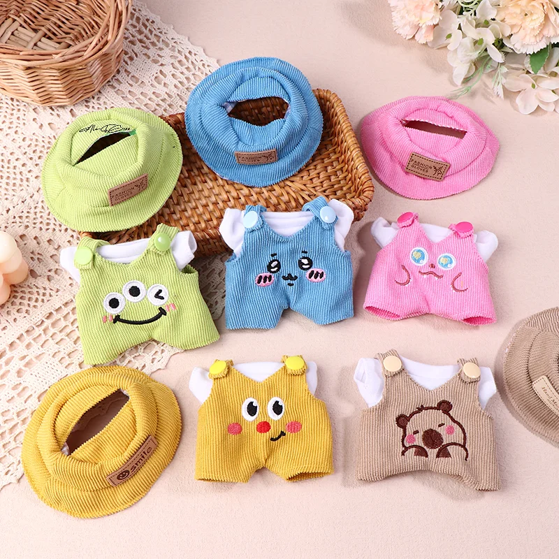 Voor 17 cm Labubu Poppenkleertjes Accessoires Leuke Mini Wit Shirt Hoed Dier Overalls Set Pluche Poppen Veranderen Kleding Geschenken