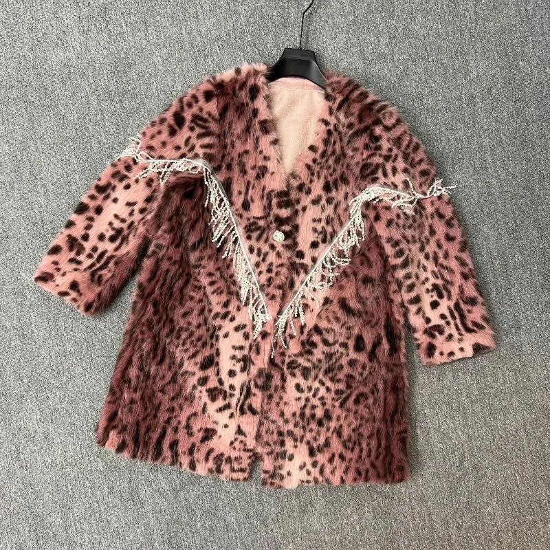 Faux Fur Leopard Print Coat 2025 Winter New Women's Long Fashion Tassel Elegant Slimming Shearling One-Piece Furry Jacket Female
